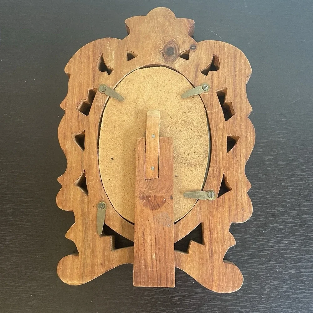 Vintage Hand Carved Wood Picture Frame Ornate Black Forest Style Folk Art Glass